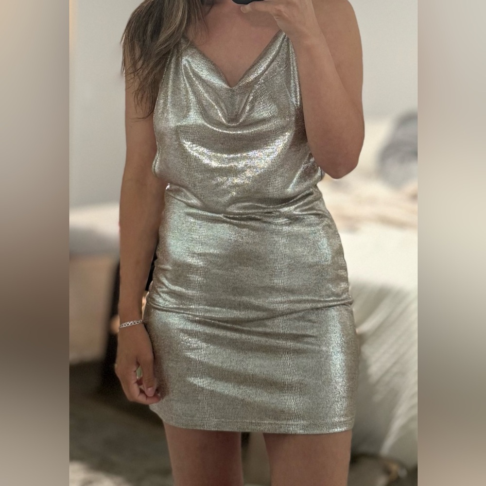Silver Ruched Cowl Neck Mini Dress
